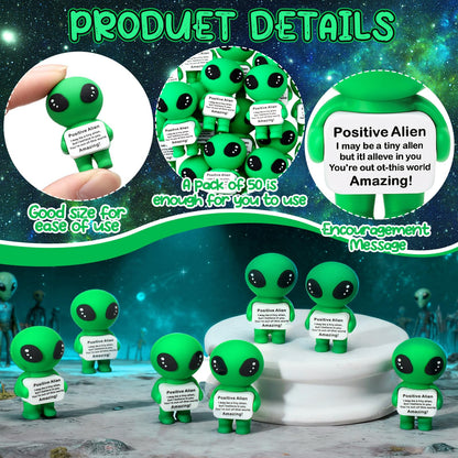 Soulchen 50 Pcs Employee Inspirational Gifts Mini Cool Alien Animal Decor Positive Rubber Alien for Daily Encouragement Self Affirmation UFO Geeky Decor