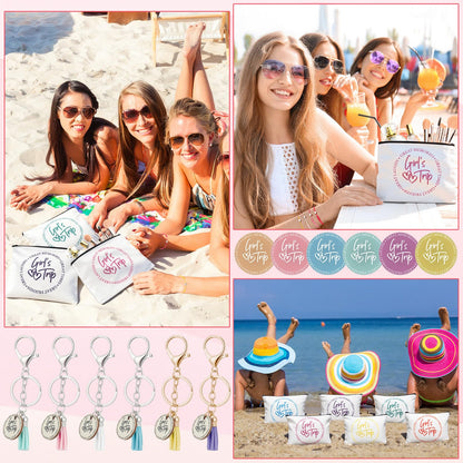 Liliaafar 24 Pcs Girls Trip Gift Favors 6 Makeup Bags 6 Keychains 6 Travel Mirrors 6 Getaway Bracelets Girls Weekend Cosmetic Pouch for Sisters Friends Bestie Bachelorette Party Supplies