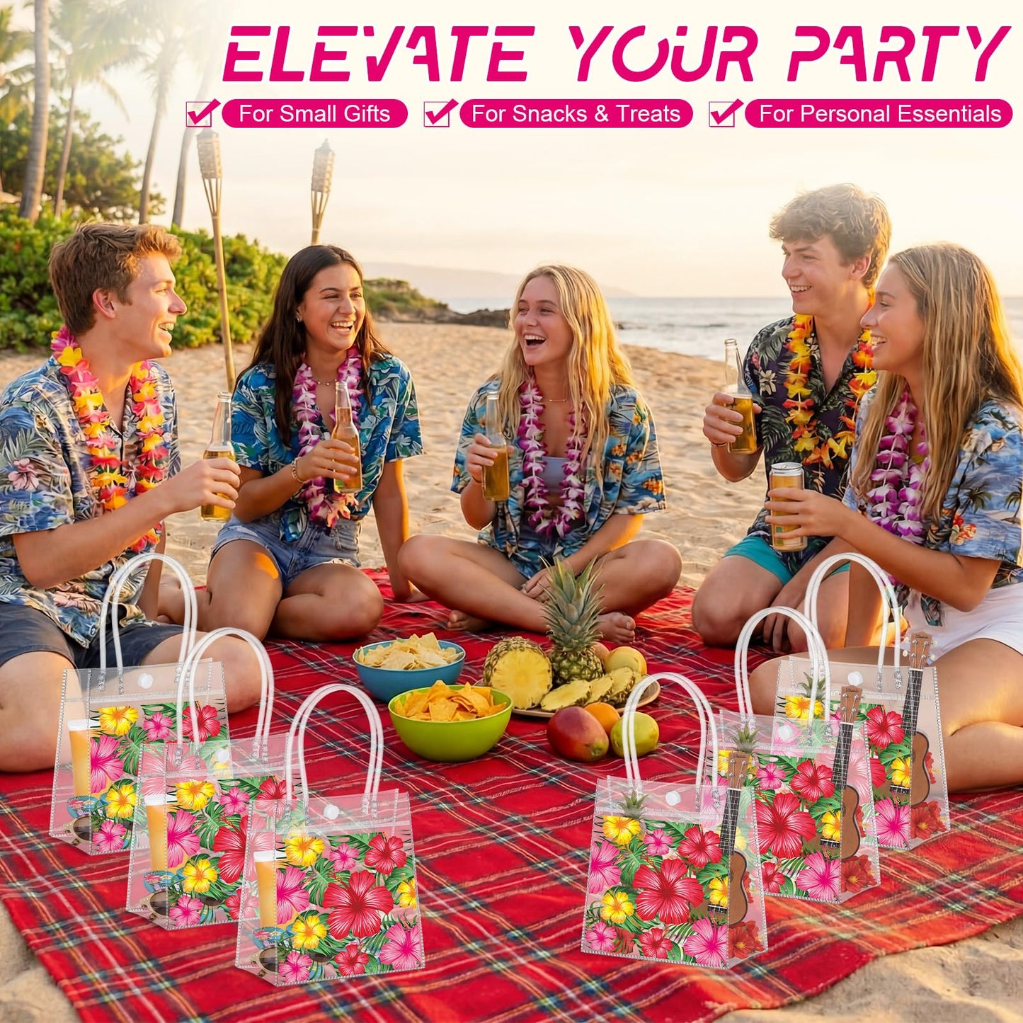 Kolldenn 12 Pcs Hawaiian Day Clear Gift Bags Hibiscus Luau Gift Bags with Handle Floral Tote Goodie Handbags for Summer Beach Pool Birthday Bridal Shower Party Favors, 6.31 x 5.91 x 3.15 Inch