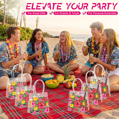 Kolldenn 12 Pcs Hawaiian Day Clear Gift Bags Hibiscus Luau Gift Bags with Handle Floral Tote Goodie Handbags for Summer Beach Pool Birthday Bridal Shower Party Favors, 6.31 x 5.91 x 3.15 Inch