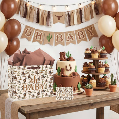 Woosytoo Cowboy Baby Gift Bag with Card Tissue Papers, Western Rodeo Baby Shower Wrapping Paper Bag Wild West Horse Present Bags for Newborn Congratulations Gifts Gender Reveal Party Favors