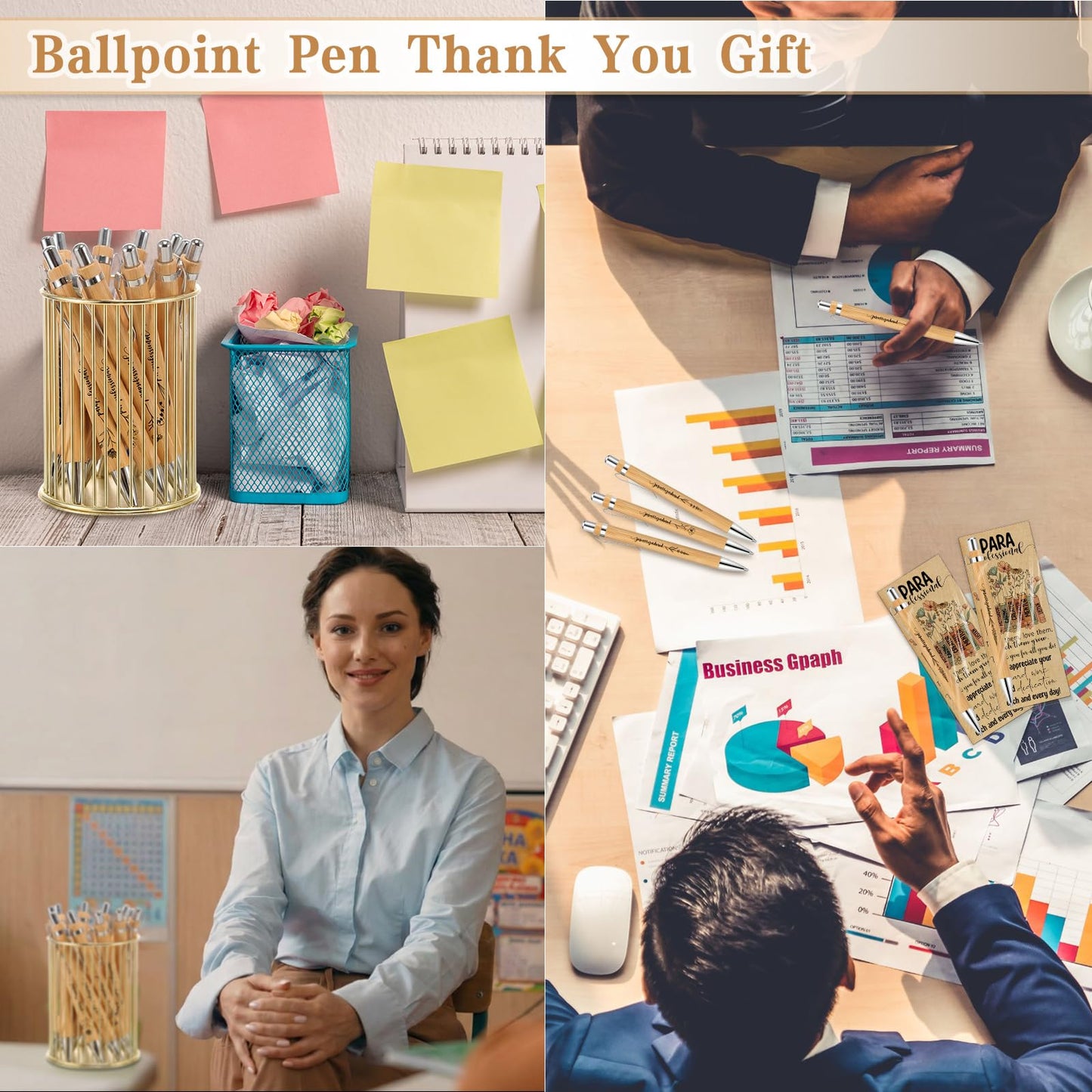 ReliThick 10 Sets Paraprofessional Appreciation Gift Bulk Bamboo Ballpoint Pen with Thank You Greeting Card Gifts for Paraprofessional Teaching Assistant Coworker Teacher Staff Team