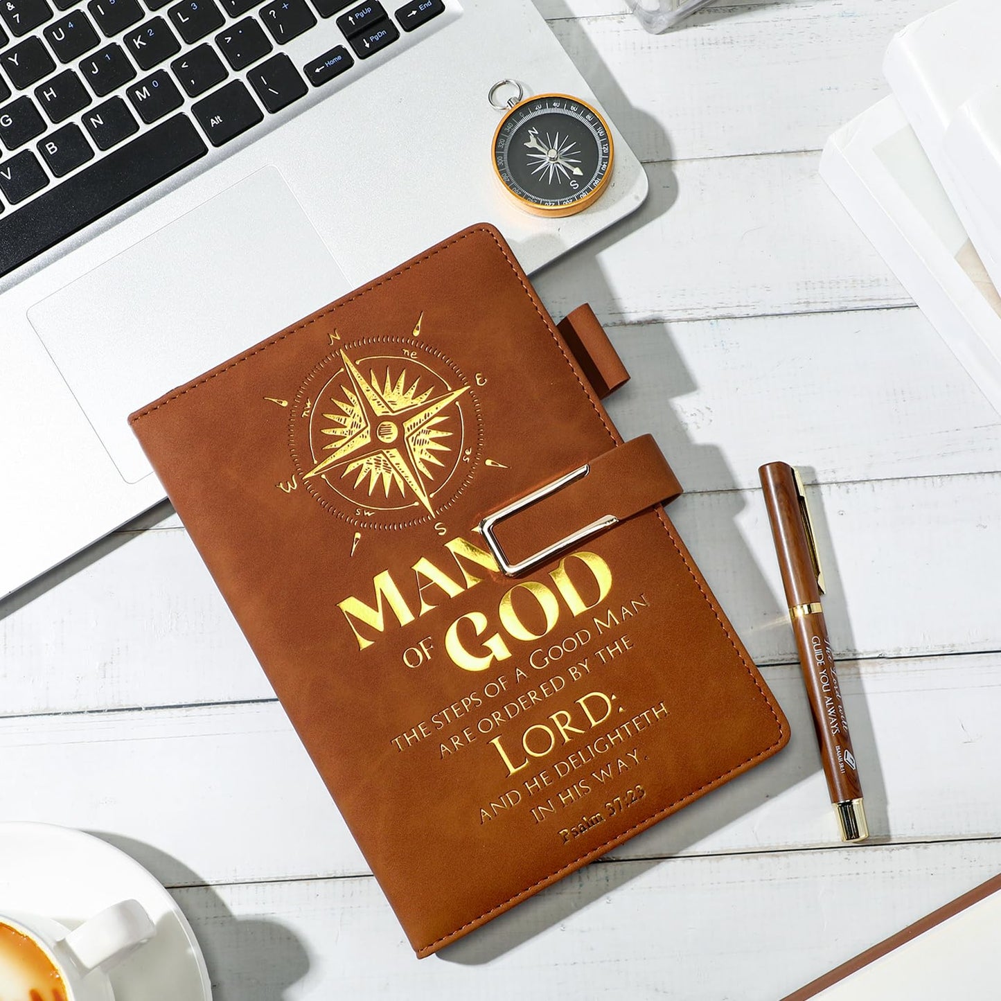 Fuyoooo 4 Pcs Pastors Appreciation Gifts Pastors Father's Day Christian Gifts Include Man of God Pastor Leather Journal Notebook Christian Pen Religious Compass with Gift Box for Church