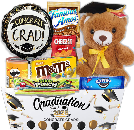 2026 Graduation Gifts Set Care package, Congrats Grad Gift Basket Set Include Balloon, Candy Cookies & Snacks Teddy Bear for Senior College Graduated Boy/Girl