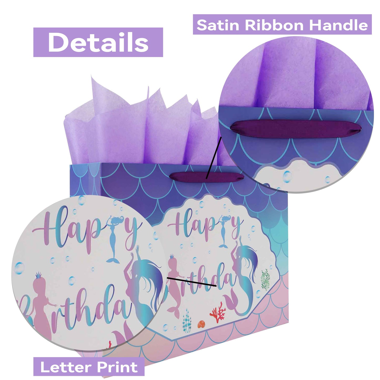 Qirrmiy 16.5” Extra Large Mermaid Happy Birthday Gift Bag Set with Handles, Greeting Card, Purple Tissue Papers and Stickers for Kids Girls Women Teens, 1 Pcs