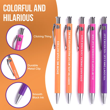 Funny Cat Pens 5-Pack Set, Black Ink Ballpoint Pens with Sarcastic Sayings for Writing, Gifts for Cat Lovers, Dad Gifts, Office Supplies, Desk Accessories