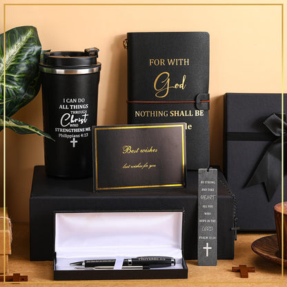 6 Pcs Father's Day Christian Gift Set for Men Inspirational Religious Faith Gift with 17oz Tumbler Notebook Bookmark Pen and Greeting Card for Father Dad Husband Grandpa Friends(Black)