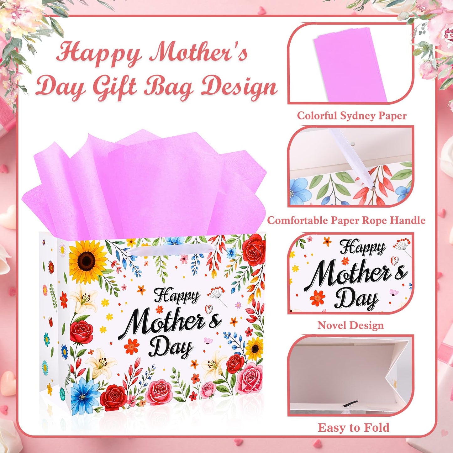 Konsait Happy Mothers Day Gift Bags Set with Tissue Paper, Greeting Card, Envelope & Stickers, Large Favor Bags for Mom Birthday & Gift Wrapping Supplies