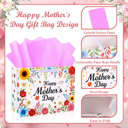 Konsait Happy Mothers Day Gift Bags Set with Tissue Paper, Greeting Card, Envelope & Stickers, Large Favor Bags for Mom Birthday & Gift Wrapping Supplies
