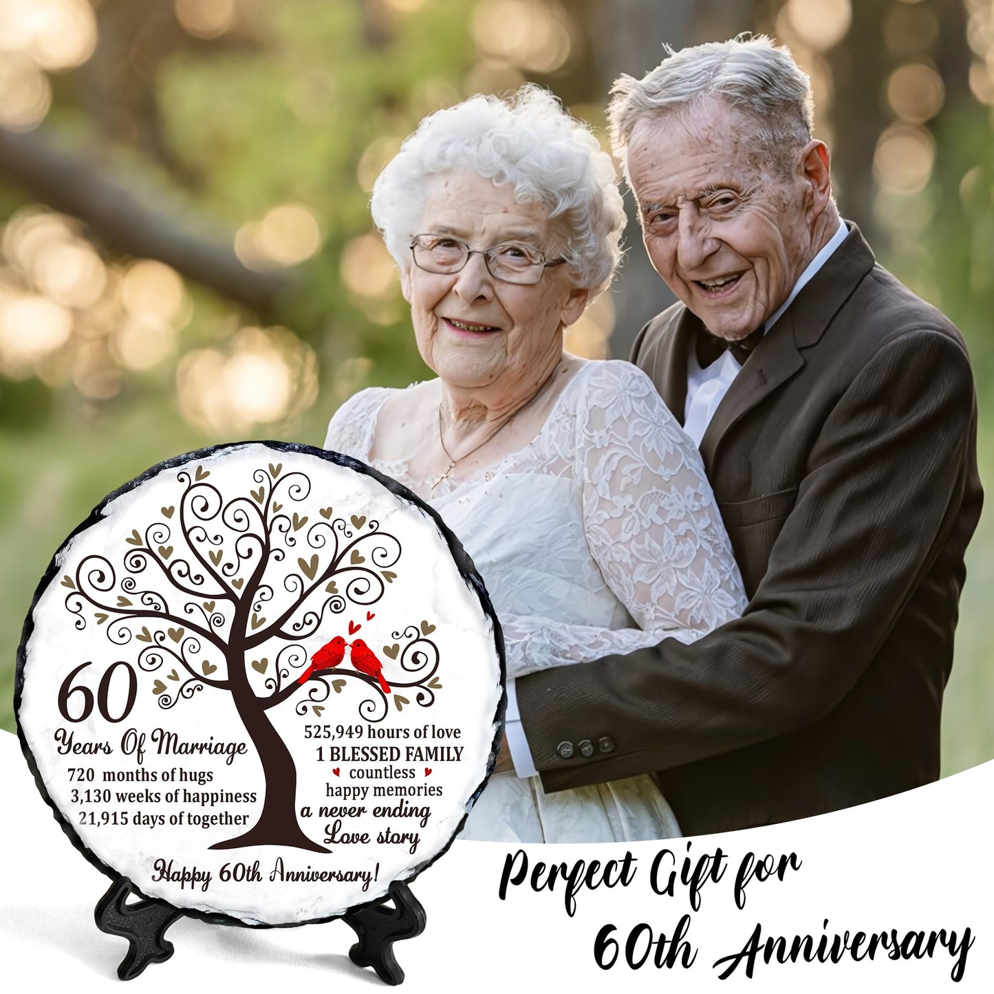60th Diamond Wedding Anniversary Slate - 60th Wedding Gifts for Parents Grandparents - 60th Anniversary Decorations Gift Ideas - 60 Years of Marriage Plaque, 5.9 inches Plate Keepsake