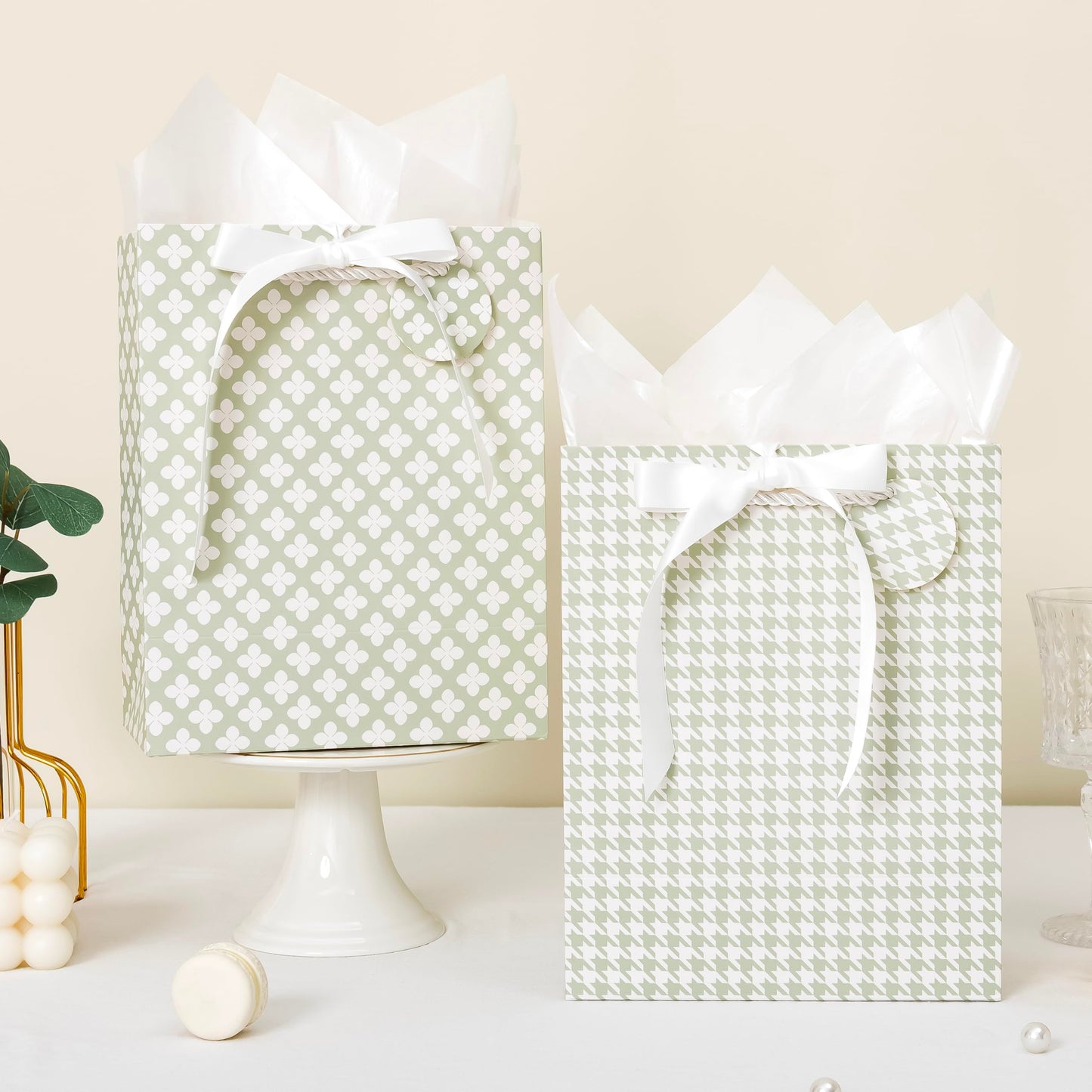 Crisky Sage Green Gift Bags Medium Size with Handles, Tissue Paper & Ribbon - 4 Pack 9"- Medium Gift Bags for Women Birthday Christmas Wedding Bridal Shower Graduation & New Year Gifts