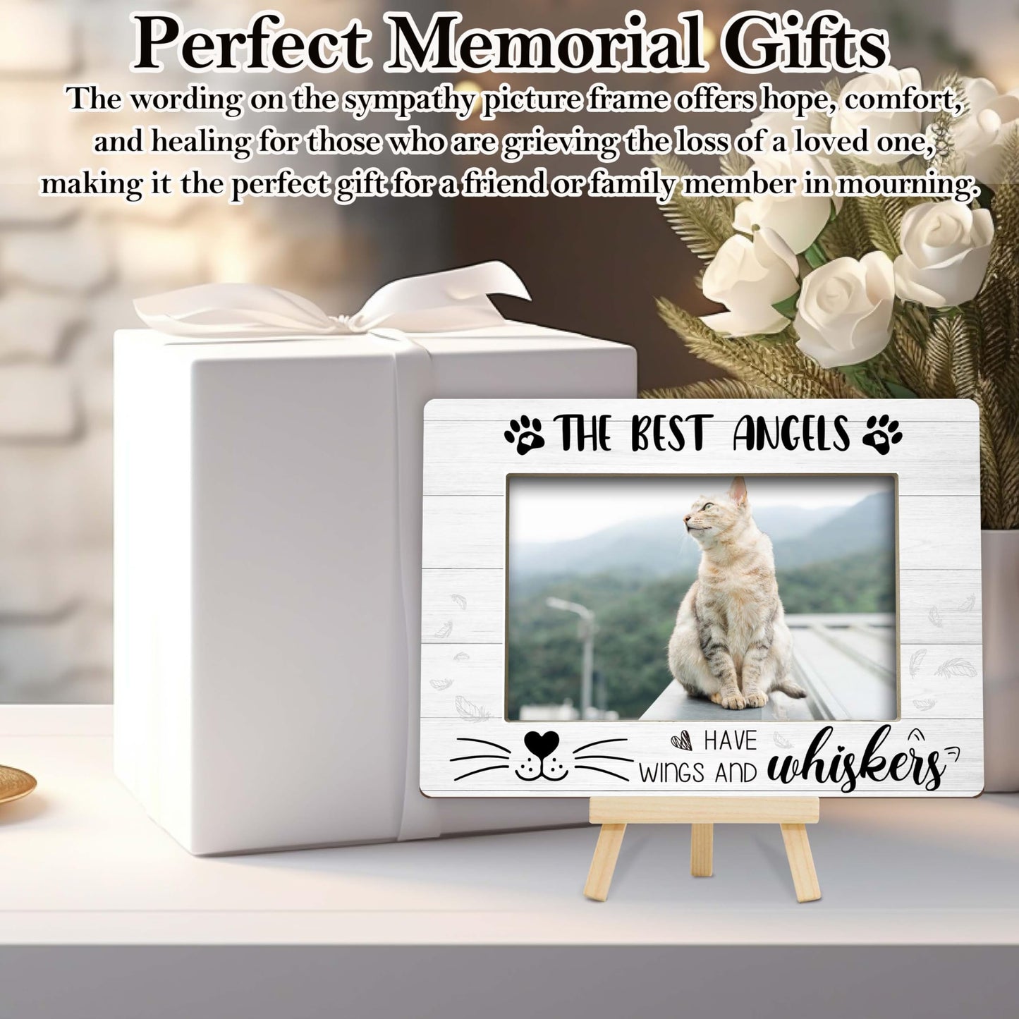Memorial Gifts for Loss of Cat, Pet Memorial Gifts Wooden Photo Frame with Easel, 4x6 Cat Loss Sympathy Frame for Tabletop Display Photo Insert - G01