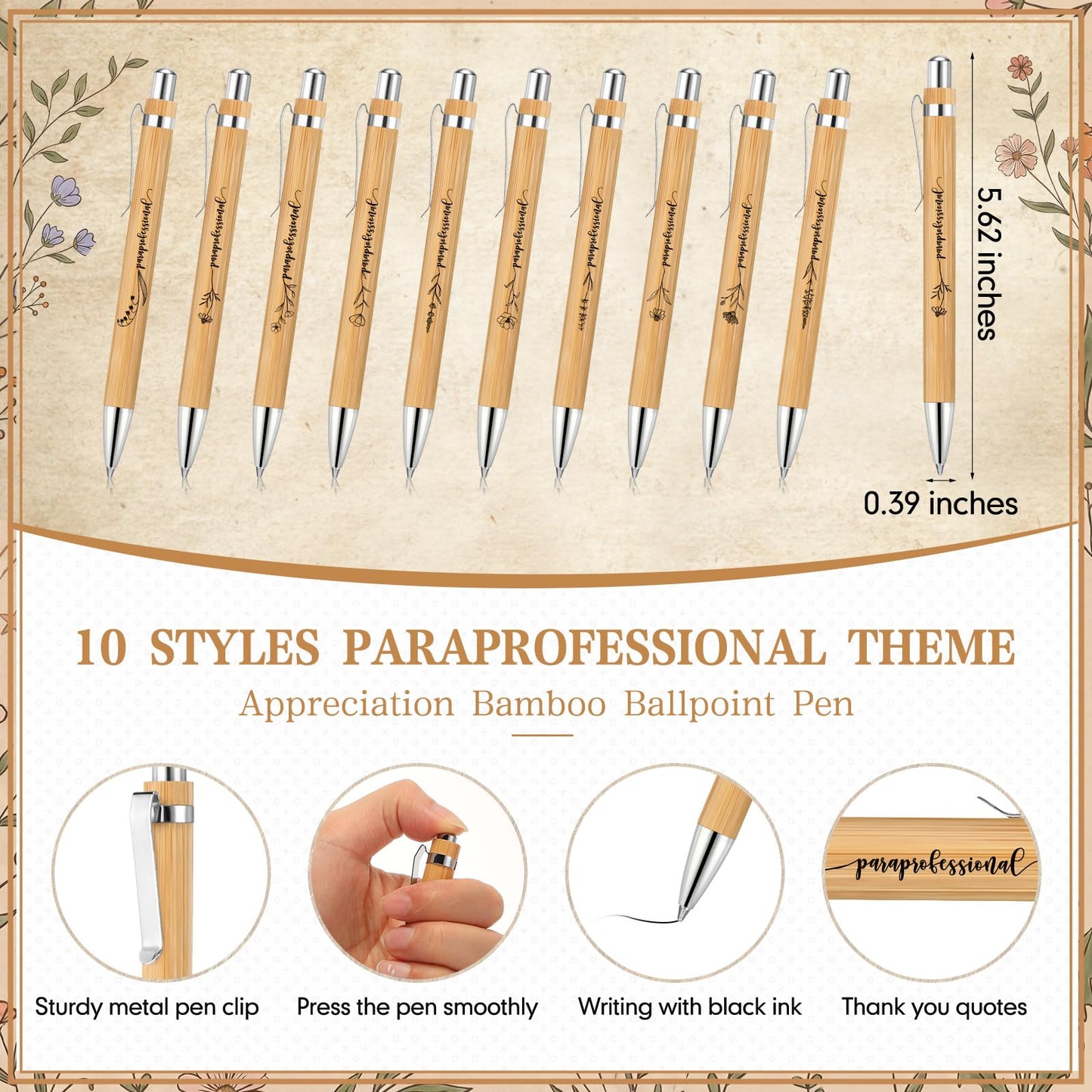 ReliThick 10 Sets Paraprofessional Appreciation Gift Bulk Bamboo Ballpoint Pen with Thank You Greeting Card Gifts for Paraprofessional Teaching Assistant Coworker Teacher Staff Team