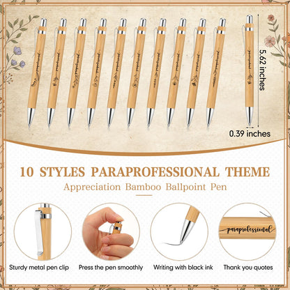 ReliThick 10 Sets Paraprofessional Appreciation Gift Bulk Bamboo Ballpoint Pen with Thank You Greeting Card Gifts for Paraprofessional Teaching Assistant Coworker Teacher Staff Team
