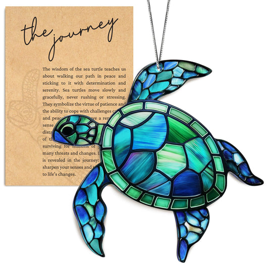 Sea Turtle Acrylic Suncatcher Ornament with Story Card, Sea Turtle Gifts for Women, Beach Gifts for Women, Beach Christmas Ornaments for Tree, White Elephant Presents for Friendship (Blue Sea)