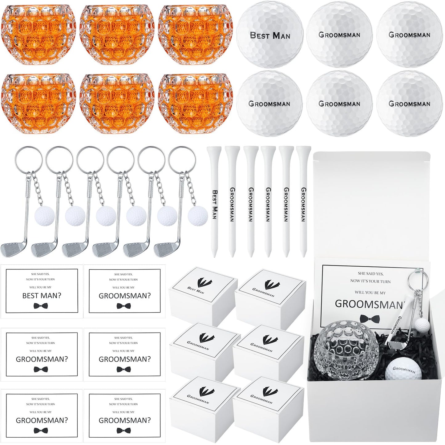 Funnymoom 36 Pcs Golf Groomsman Proposal Gift Box Set of 6, Golf Ball Tees Keychain Whiskey Glass with Invitation Cards Accessories for Wedding Best Men DIY Gifts