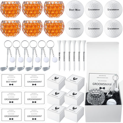 Funnymoom 36 Pcs Golf Groomsman Proposal Gift Box Set of 6, Golf Ball Tees Keychain Whiskey Glass with Invitation Cards Accessories for Wedding Best Men DIY Gifts