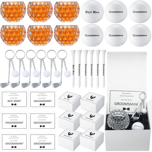 Funnymoom 36 Pcs Golf Groomsman Proposal Gift Box Set of 6, Golf Ball Tees Keychain Whiskey Glass with Invitation Cards Accessories for Wedding Best Men DIY Gifts