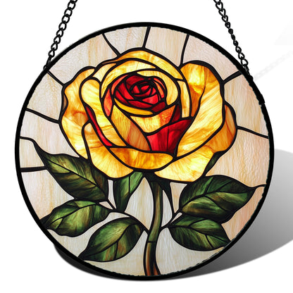 Stained Glass Window Hanging - Elegant Yellow Rose Flower Sun Catcher for Door Garden Home Decor Suncatcher Christmas Mother's Day Birthday Gifts for Women Mom Girl Nana Friend 6.3 in
