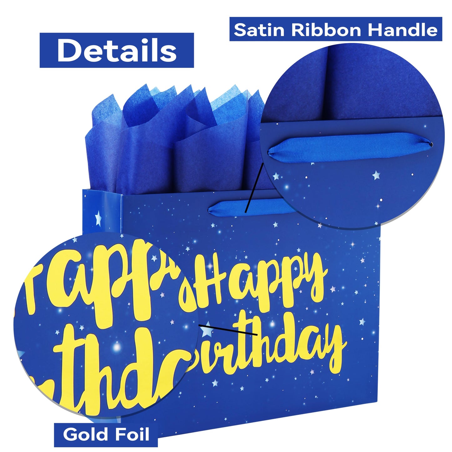 Qirrmiy 13" Large Blue Gift Bag Set with Greeting Card and Tissue Papers (Stars and Gold Foil‘Happy Birthday’) for Men's or Boys, Girls or Kids, Baby, Husband, Father