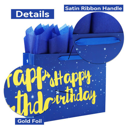 Qirrmiy 13" Large Blue Gift Bag Set with Greeting Card and Tissue Papers (Stars and Gold Foil‘Happy Birthday’) for Men's or Boys, Girls or Kids, Baby, Husband, Father