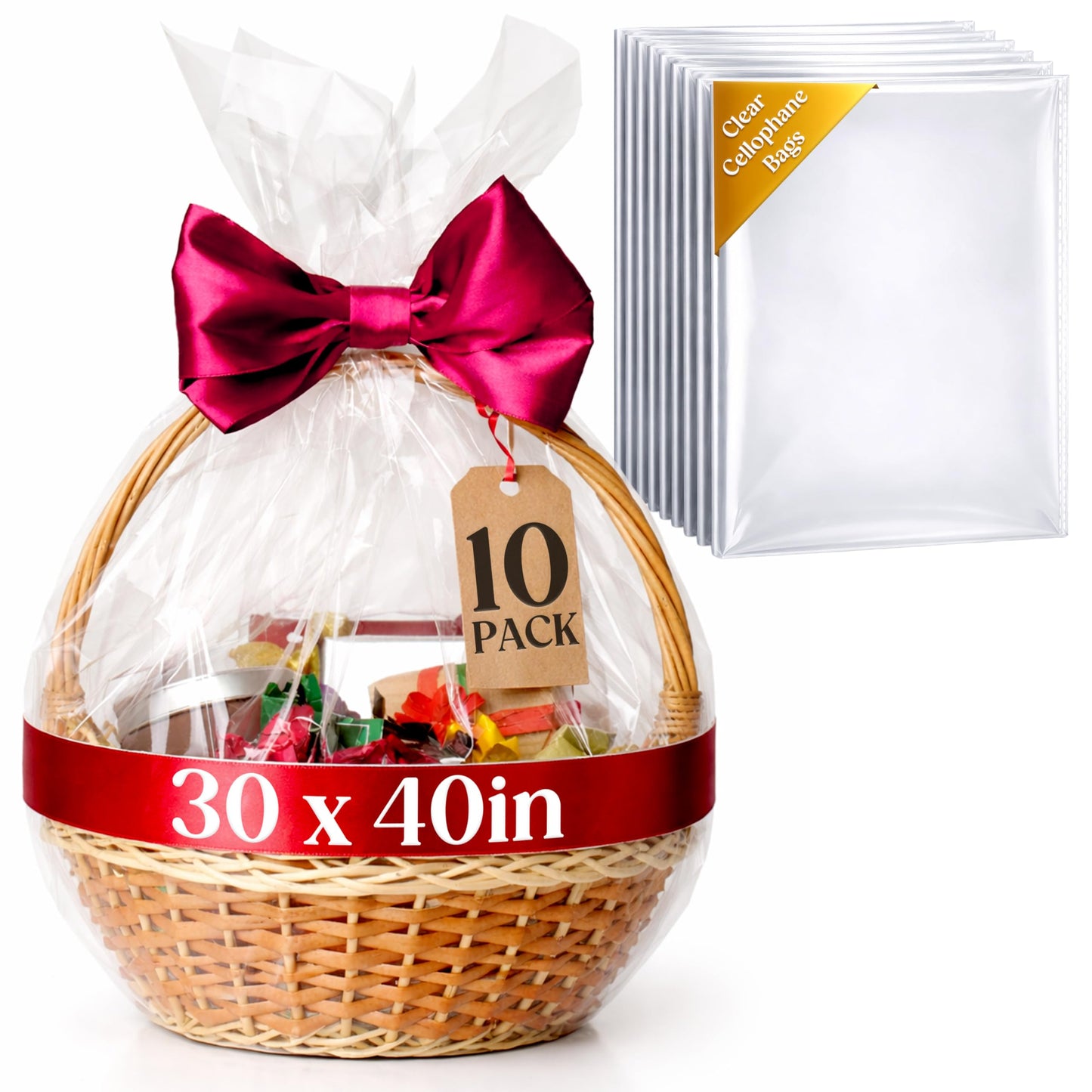 volila Large Cellophane Bags for Gift Baskets - 10 Pack (30 in x 40 in) Clear Gift Wrap for Gift Baskets, Floristry, Party Favors and Food Packaging