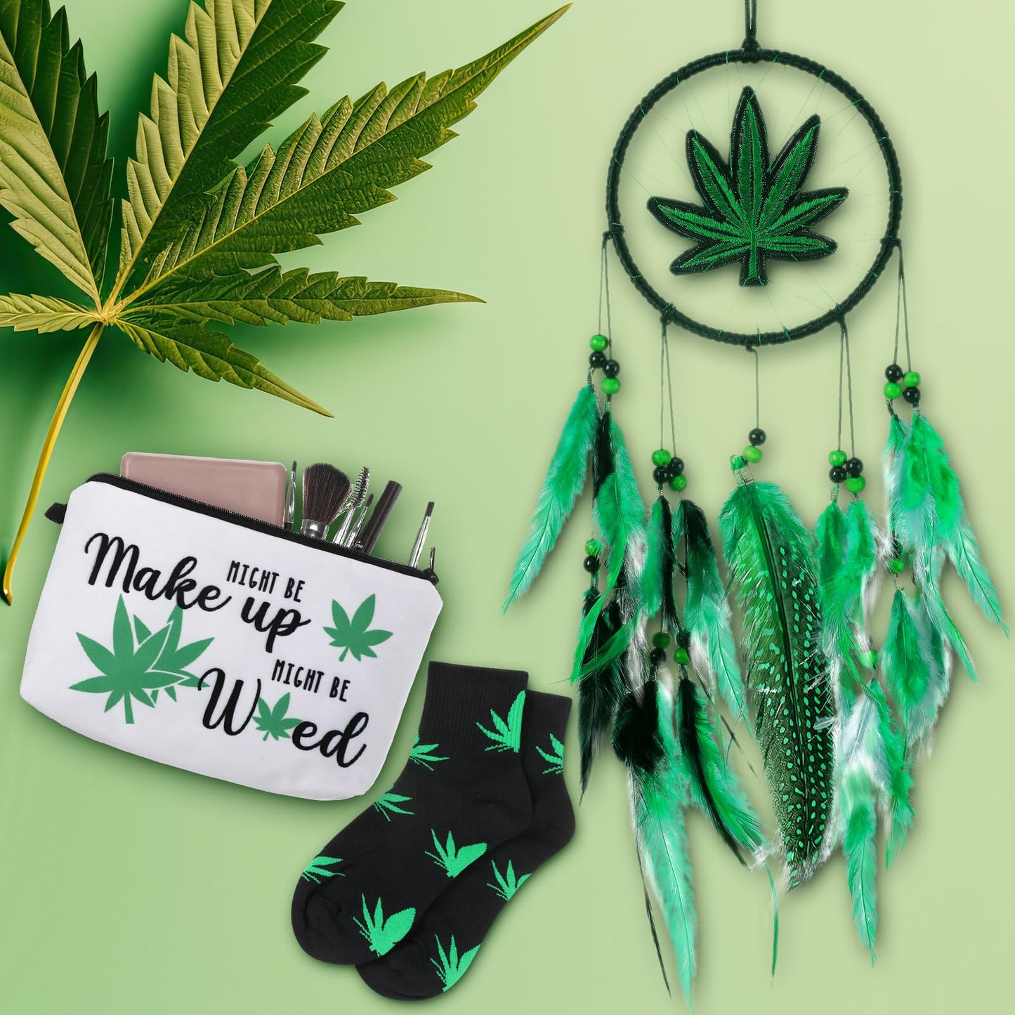 Wenqik 3 Pcs Green Leaf Gifts for Women, Friends, Mom, Green Enthusiasts Include Embroidery Dream Catcher, Makeup Zipper Bag, Stockings Cotton for Valentine Mind Birthday Christmas Party