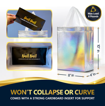Nush Nush Set of 60 Iridescent Gift Bags Bulk Medium Size - Reusable Holographic Gift Bags With Handles - Goodie Bag for Birthday, Small Business, Wedding Welcome Gifts, Large Events – 8W x 4D x 10H
