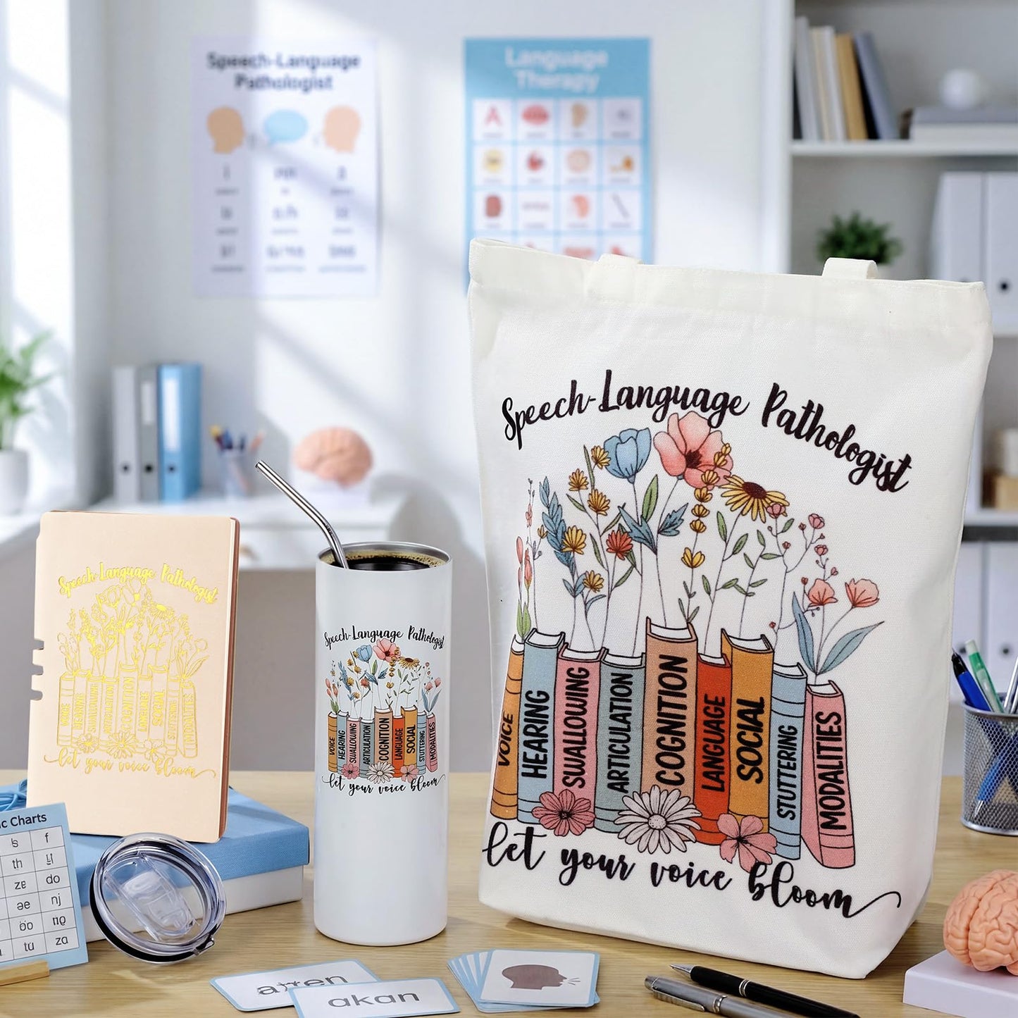 Fuutreo 3 Pcs Speech Language Pathologist Appreciation Gifts for Women, 20 oz Stainless Steel Tumbler Cup with Lid Canvas Tote Bag Leather Journal Thank You Gifts for Speech Language Pathologist