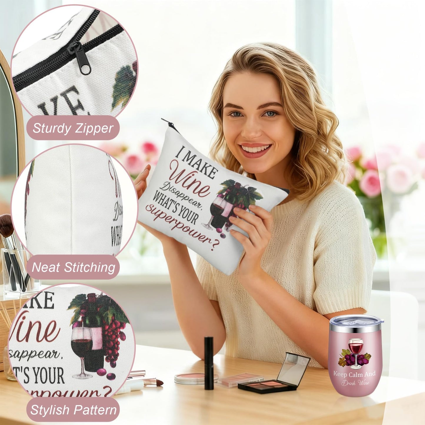 Sieral 7 Pack Funny Wine Mother's Day Gifts Set Include Stainless Steel Tumbler Scented Candle Kitchen Towel Crew Sock Makeup Bag Raffia Gift Box for Wine Lover Mom Sister Friends Coworker