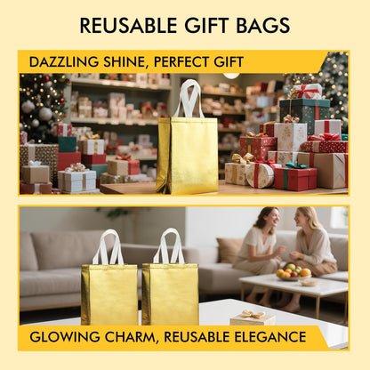 RACETOP 100 Pcs Gold Reusable Gift Bags Medium Size, 8x4x10 Inch Gold Gift Bags with Handles & Sturdy Base, Ideal for Birthday, Wedding, Bachelorette, Party Favors, Holiday Goodie