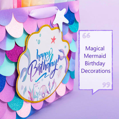 Crisky Mermaid Birthday Gift Bags for Girls with Tissue Paper and Seashell Card - 3 D Bling Design - Mermaid Gift Bag for Kids Women Birthday Decorations Purple Party Supplies Gifts Ideas
