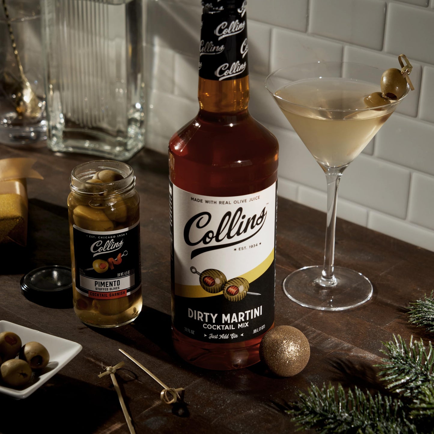 Collins Dirty Martini Kit, Gin Cocktail Mix, Stuffed Gourmet Olives, Drink Picks, Olive Brine Mixer, Home Bar Accessories, Home Bar Kit, Bartender Mixer, Drinking Gifts, Mixology Kit, Set of 3