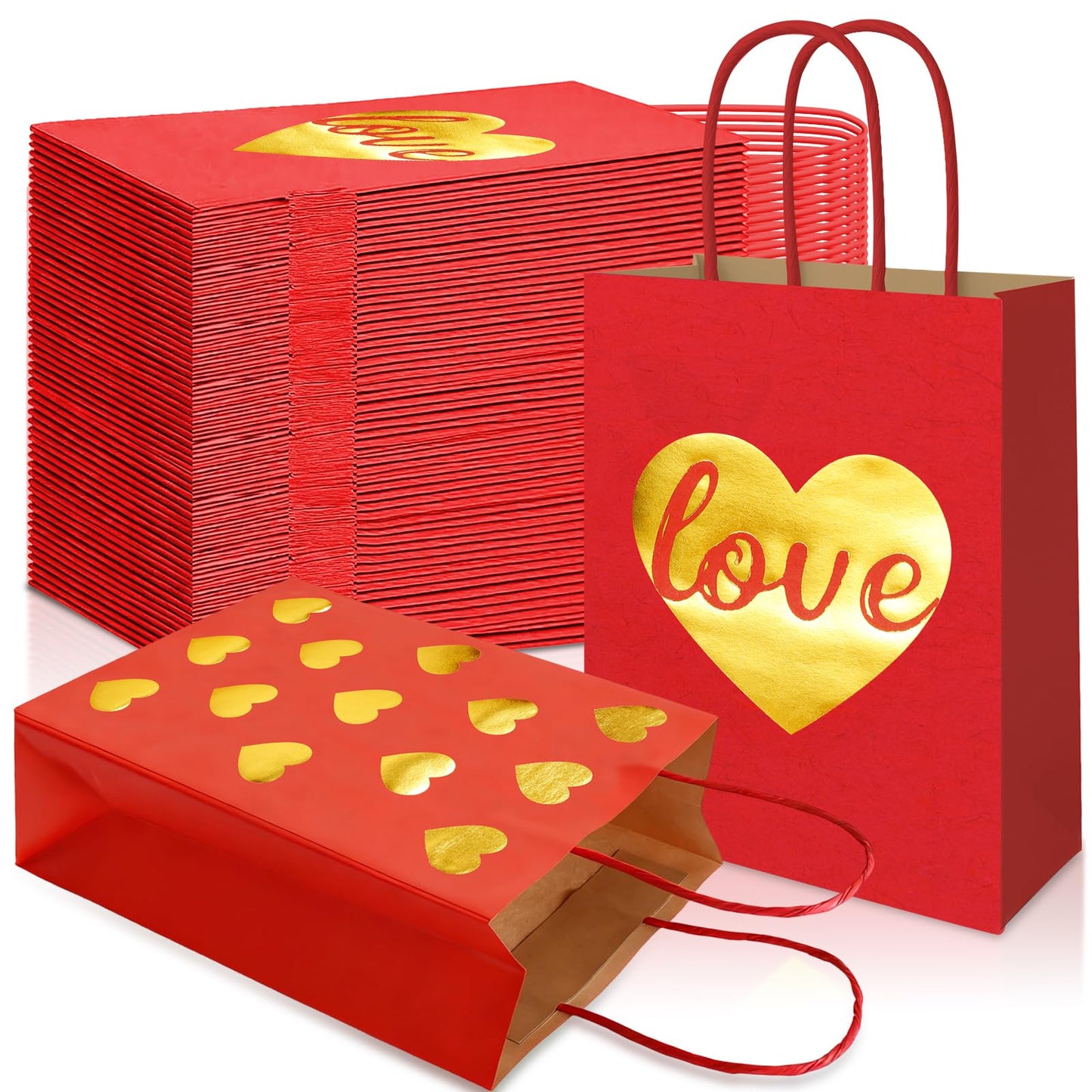 FOGWOWO 24 Pcs Valentines Gift Bags with Foiling Gold Heart in Red Gift Bags Valentines Bags Love Gift Bag Kraft Paper with Handles Goodie Bag for Wedding Birthday Holiday Party Wrapping Supplie