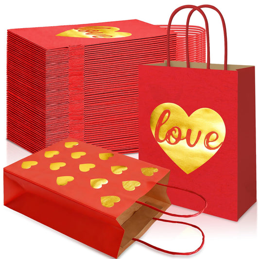 FOGWOWO 24 Pcs Valentines Gift Bags with Foiling Gold Heart in Red Gift Bags Valentines Bags Love Gift Bag Kraft Paper with Handles Goodie Bag for Wedding Birthday Holiday Party Wrapping Supplie
