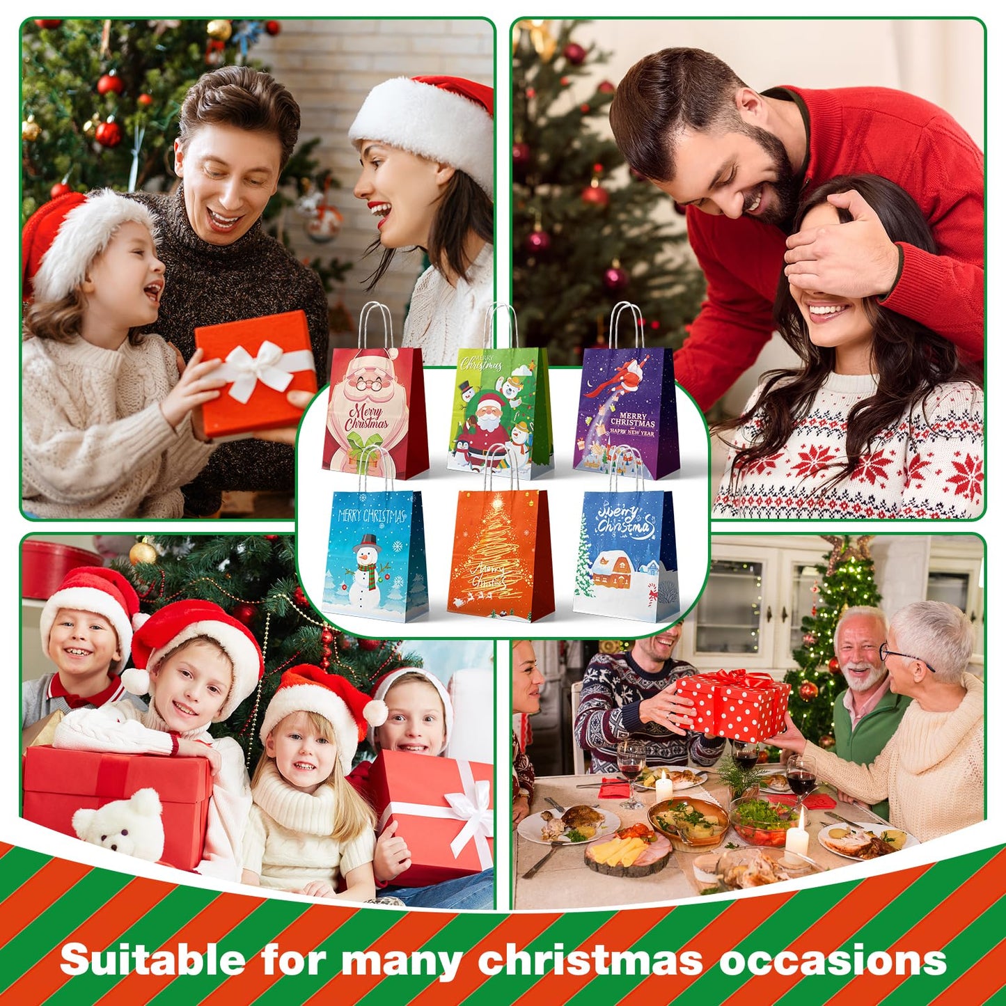 24 Pcs Kraft Gift Bags - Medium Christmas Paper Bags with Handles - Six Holiday Designs for Presents and Party Favors