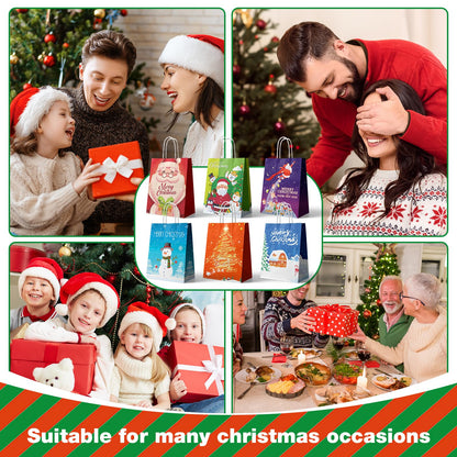 24 Pcs Kraft Gift Bags - Medium Christmas Paper Bags with Handles - Six Holiday Designs for Presents and Party Favors