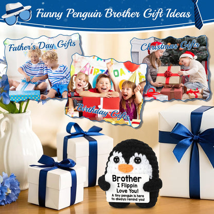 CryCarrot Mini Funny Fathers Day Brother Gifts from Sister Brother, Handmade Crochet Mini Penguin Birthday Gifts for Brother Boy Friend, I Love You Brother for Fathers Day Present Positive Cute Decor