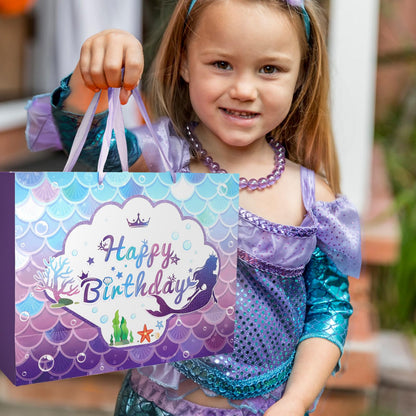 CIEHER Birthday Gift Bags for Girls with Mermaid Greeting Card and Purple Tissue Papers for Birthday Gifts - Mermaid Pattern