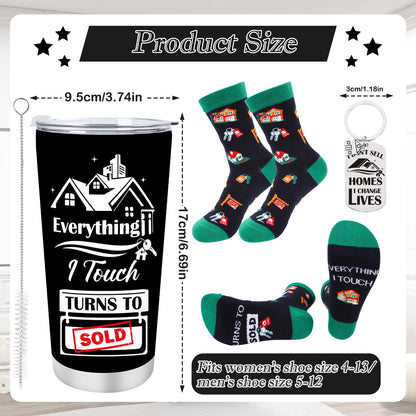 Keluna Realtor Gifts for Women Men - 3Pcs Real Estate Agent Gifts, 20oz Realtors Tumbler with Lid Straw, Keychain, Socks, Funny Christmas Birthday Closing Presents for Real Estate Agent Salesman