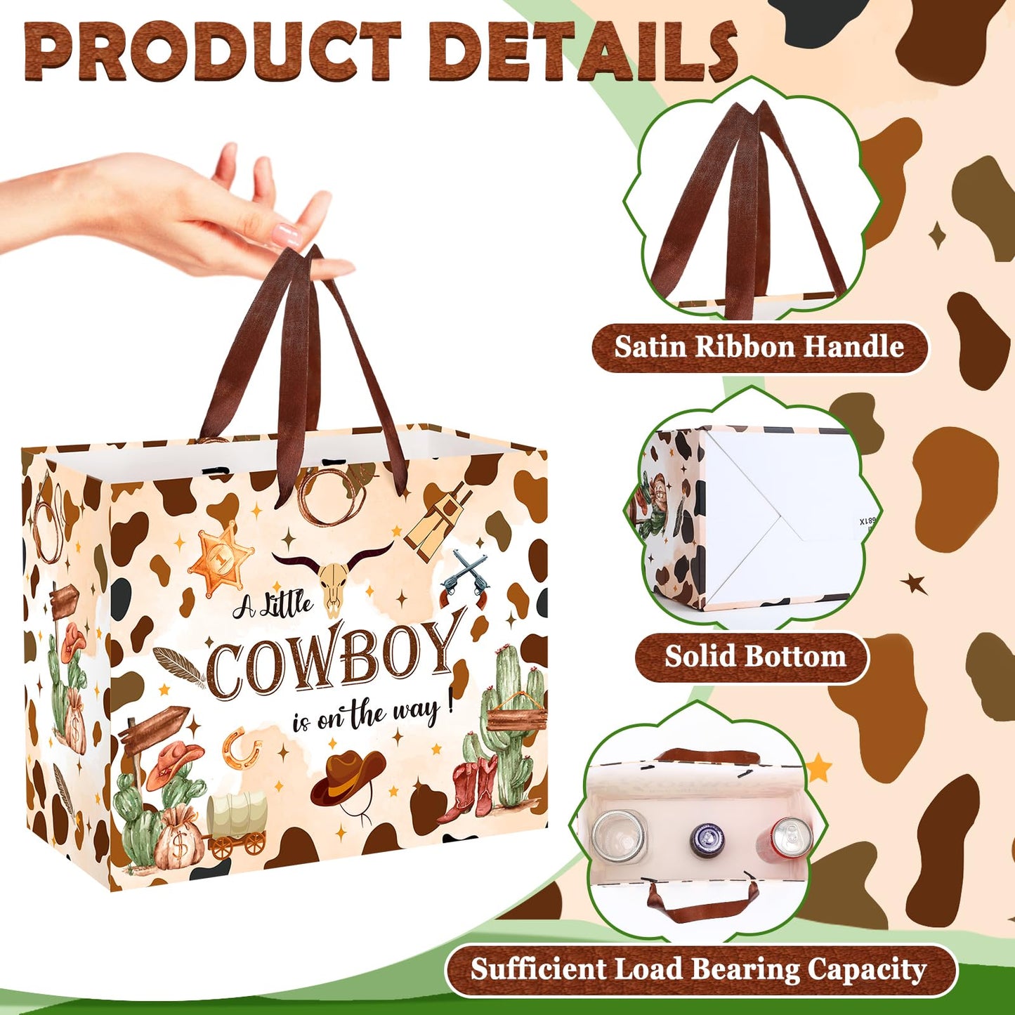 Frakron Cowboy Baby Shower Birthday Gift Bag for Baby Boys A Little Cowboy is On The Way Bag with Wrapping Paper Card Wild West Western Rodeo Gift Bag for Baby Shower Birthday Party Supplies