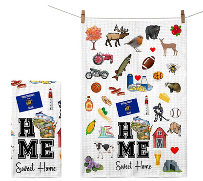 Home Sweet Home Wisconsin Kitchen Towel - Housewarming and Homecoming Gifts - Wisconsin State Favorite Symbol Dish Towels Gifts for Women Friends for Birthdays Mother's Day and Holidays