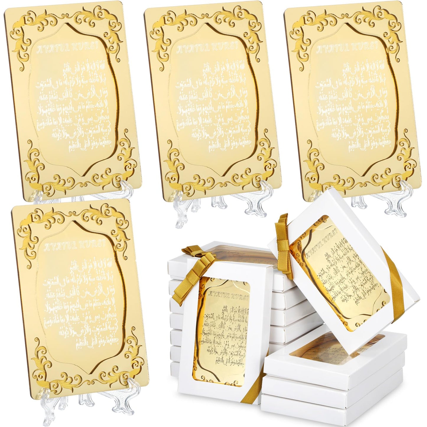 Yinkin 12 Pcs Eid al-Adha Gifts for Women Ayatul Kursi Islamic Party Favors Gifts Ramadan Muslim Wedding Table Art Room Party Decoration with Clear Stand and Gift Boxes (Gold)