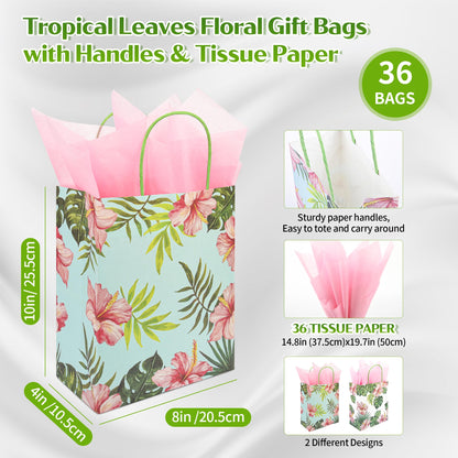 36 Pack Medium Hawaiian Tropical Themed Gift Bags with Handles and 36 Pink Tissue Paper for Luau Parties, Birthdays, Weddings, Bridal Showers, Boutiques (10x8x4 Inch, 2 Designs Assorted)