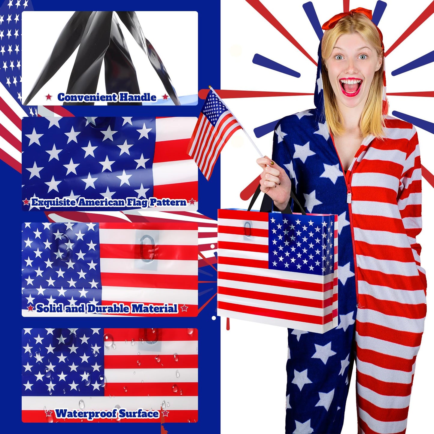 Sweetude 24 Pcs American Flag Plastic Shopping Bag with Handle 10 x 13'' Patriotic Gift Bags for Memorial Day Independence Day Party
