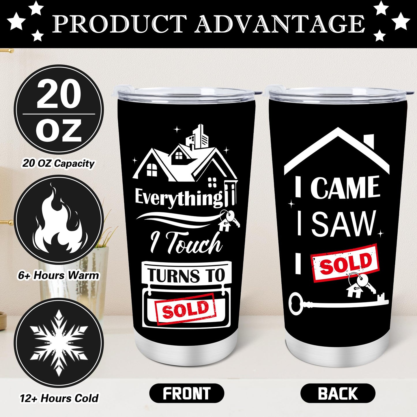 Keluna Realtor Gifts for Women Men - 3Pcs Real Estate Agent Gifts, 20oz Realtors Tumbler with Lid Straw, Keychain, Socks, Funny Christmas Birthday Closing Presents for Real Estate Agent Salesman