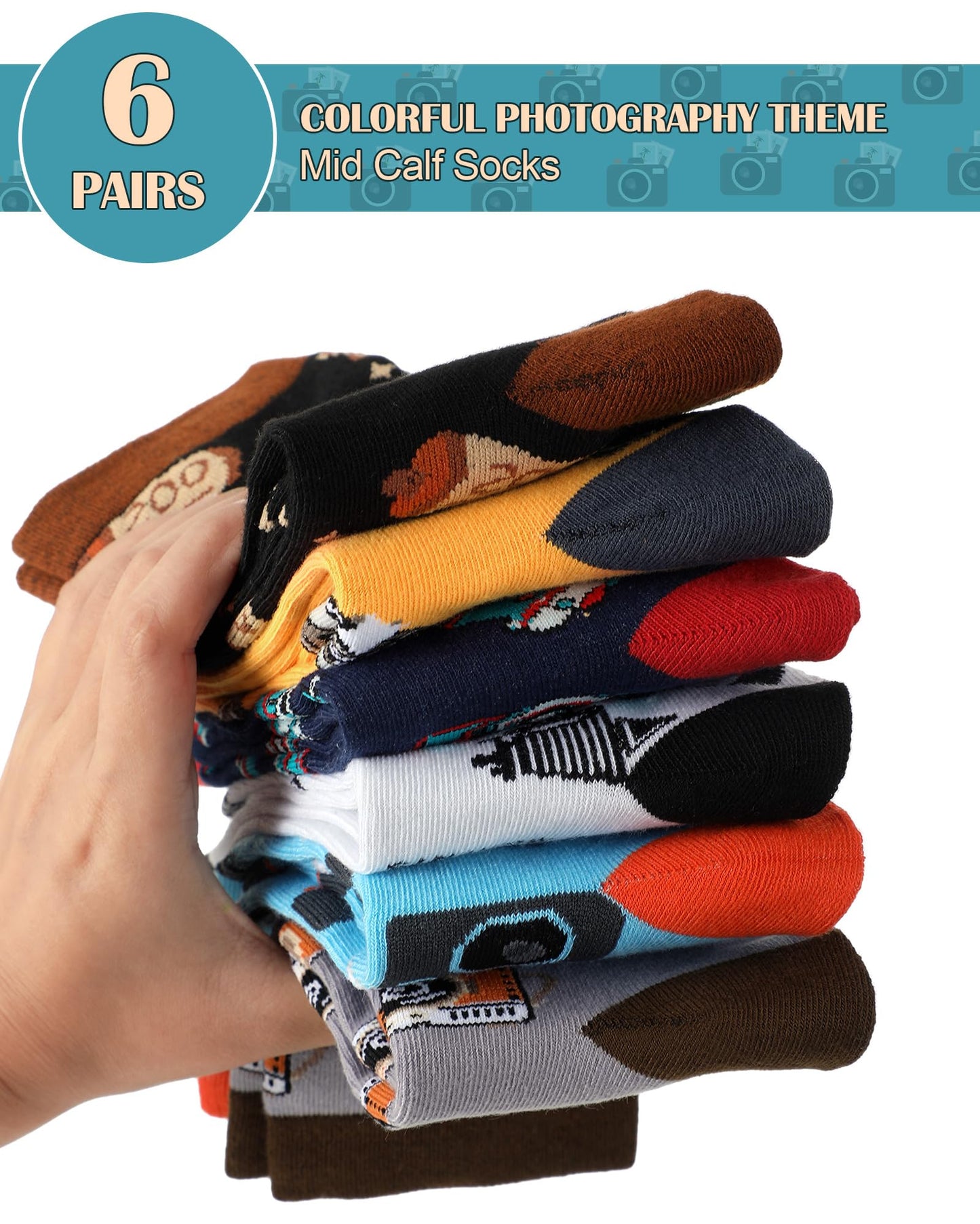 Glitopper 6 Pairs Photographer Gifts for Men Funny Camera Photography Crew Socks Novelty Birthday Holiday Gift for Photograph Lovers