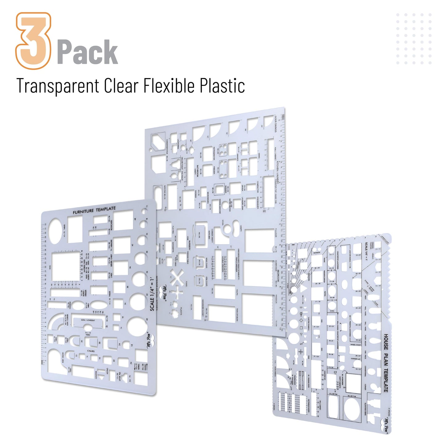 Mr. Pen- House Plan, 3 pcs, Interior Design and Furniture Templates, Clear Flexible Plastic, Drafting Tools, Ruler Shapes for Architecture, 1/4 Inch Scale, Kitchen, Bath, Bedroom, Office, Living Room