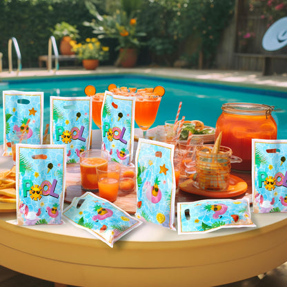 50Pcs Summer Pool Party Favor Bag - Poolside Party Flamingo Plastic Waterproof Goodie Bag Beach Ball Party Rectangular Gift Bags for Kids Birthday Baby Shower Decoration Party Favors Supplies