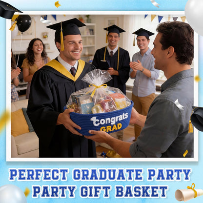Yungyan Class of 2026 Graduation Gift Basket Empty, Small Cute Woven Rope Basket with Congrats Grad Words 12 x 8 x 5 Inch Decorative Graduation Gift Storage Baskets for College, University, PHD(Blue)
